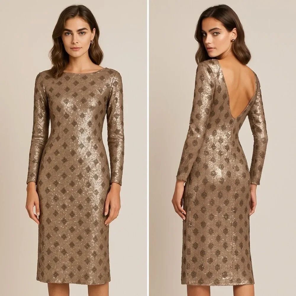 Dress the Population Emery Sequin Dress XL Champagne Gold V Back Party